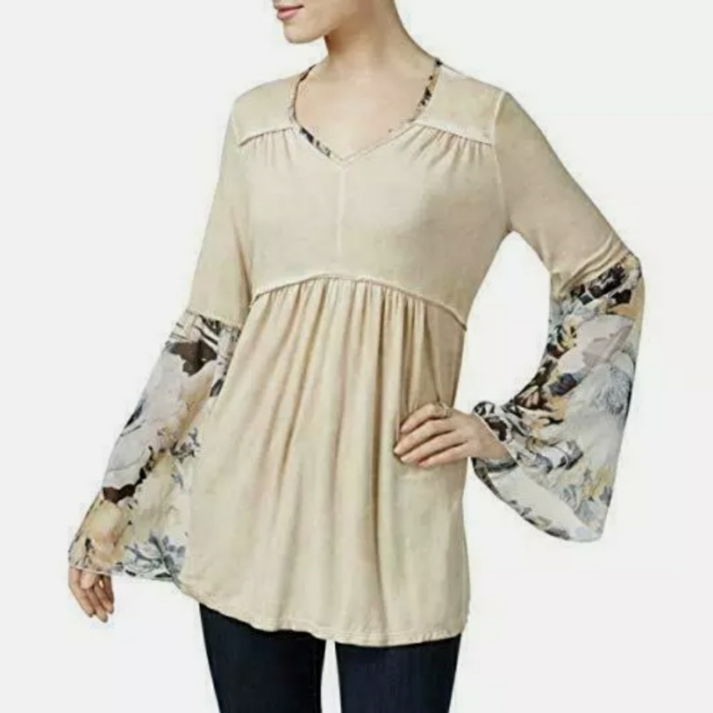 Style & Co Top Beige Floral Bell Sleeve Babydoll